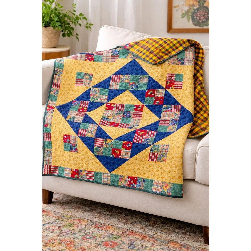 Vintage‎ Patchwork Quilt 50x50 Bright Plaid Floral Cottagecore Throw